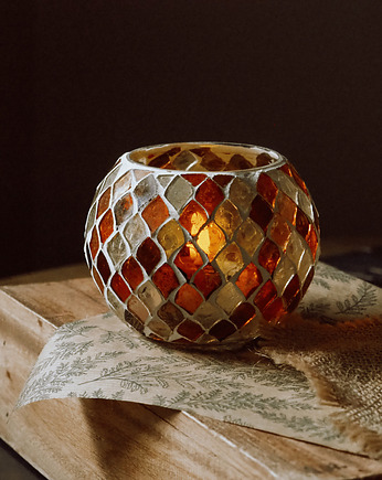Lampion no. 2-szklany na tealight, jesienny, mozaika, Lillys Stories