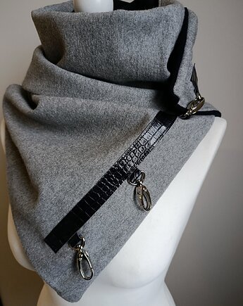 Szal wełniany szary z czarną skórą - krokodyl, Green Sheep