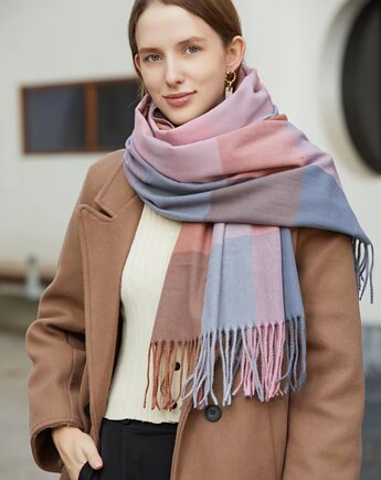 Szalik Damski kaszmirowy wełna różowy szary, AKADEMIA STYLU