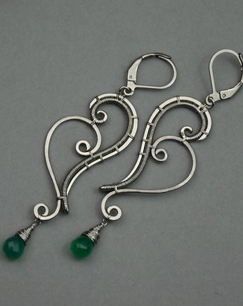 Długie duże kolczyki zielony onyks wire wrapping, Agata Rozanska