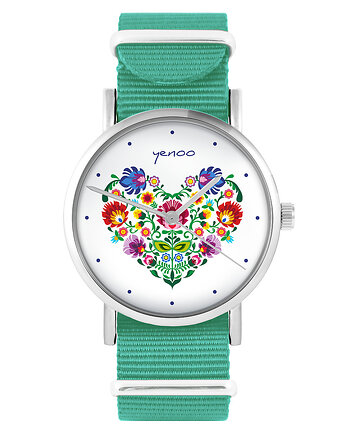 Zegarek - Serce folk - turkusowy, nylonowy, yenoo
