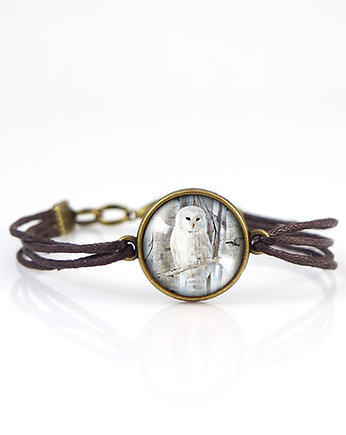 Bransoletka - Biała sowa - sznurki, brąz, yenoo