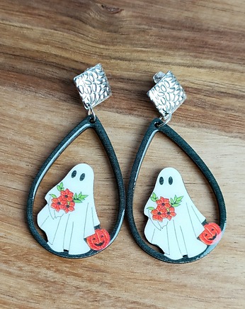 Wiszące drewniane kolczyki DUSZEK na Halloween z żywicą, EkoCraft
