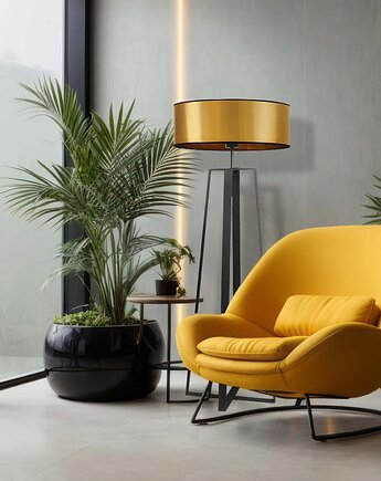 Czarno-złota lampa stojąca z lustrzanym abażurem MOSS MIRROR, LYSNE