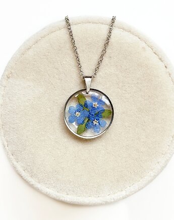 Naszyjnik z niezapominajkami, biżuteria z żywicy, Colie