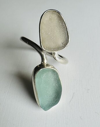 Pierścionek Open ze szkłem morskim Doubletrouble, bluewavestudio