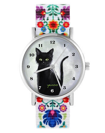 Zegarek - Czarny kot - folk biały, nylonowy, yenoo