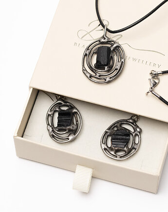 Unikatowy Zestaw Biżuterii Damskiej z oksydowanej miedzi z surowym turmalinem, Black Mamba Jewelry