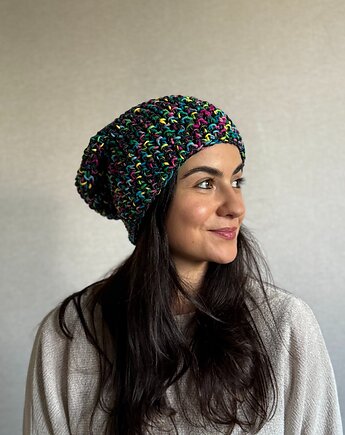 Kolorowa duża czapka beanie z wełną i alpaką, Zasznurowane