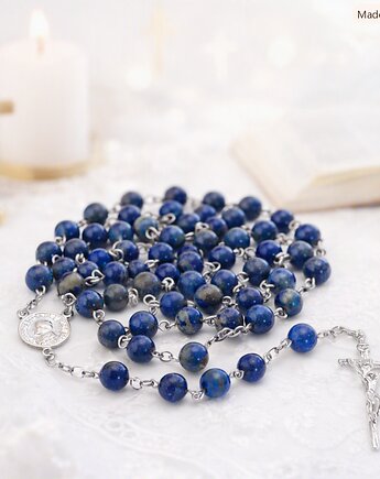 Różaniec komunijny dla chłopca, LAPIS LAZULI 6mm, srebro 925, RĘKODZIEŁO, Yamira Art Studio