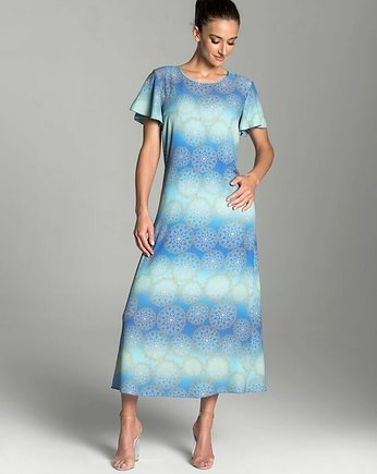 Długa letnia sukienka trapezowa w kolorze błękitno-turkusowym z mandalą, Taravio
