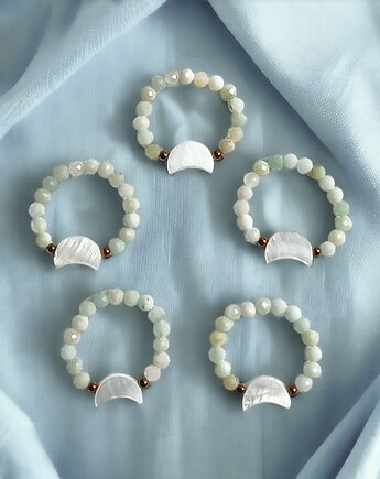 Pierścionek elastyczny: lunula : amazonit, muszla naturalna, kaktusia