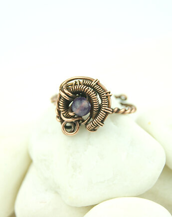 Ametyst  regulowany pierścionek z  miedzi, Blue Pearl Art