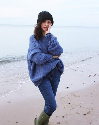 Sweter handmade oversize  blue z wełną, Mademoiselle Patrini