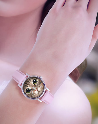 Zegarek  mały - Kot tygrysek - skórzany, pudrowy róż, yenoo