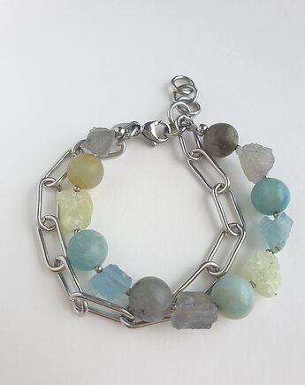 Bransoletka RAW z grubym łańcuchem, akwamaryn, amazonit, labradoryt, phrenit, modesign