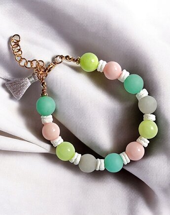 HOT TREND : bransoletka : pastelle collection : jadeit 10mm, muszla biała, kaktusia