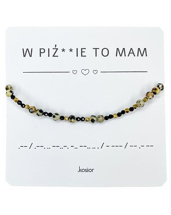 Bransoletka z alfabetem Morse Jaspis dalmatyński, hematyt, spinel, karolina kosior
