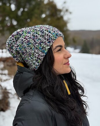 Kolorowa duża czapka beanie z wełną i alpaką, Zasznurowane