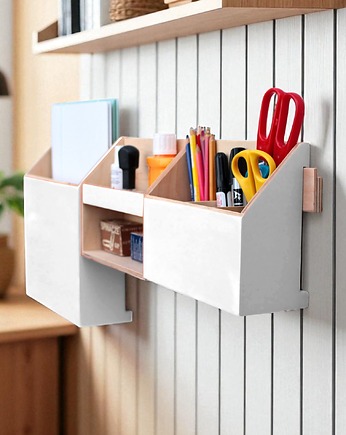 Biały Organizer drewniany  na ścianę, Clock Wood Studio