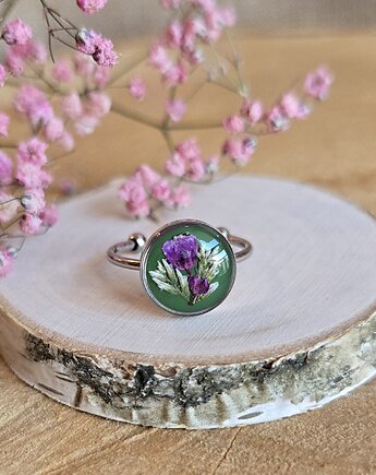 Wieczny kwiat pierścionek srebrny gipsówka prawdziwy żywica, zkwiatem