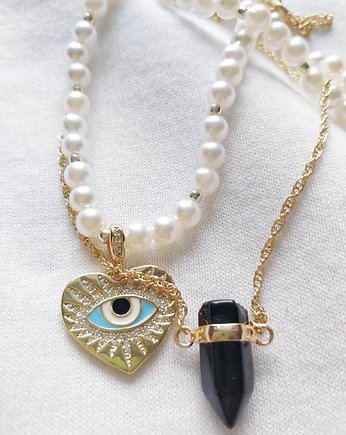 Naszyjnik plus  łańcuszek perły oko proroka onyks, Amithu_jewelry 