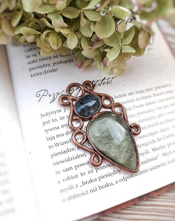 Wisior Strażnik Złocistego Światła miedź larvikit obsydian złocisty, Treemasters Copper Jewelry