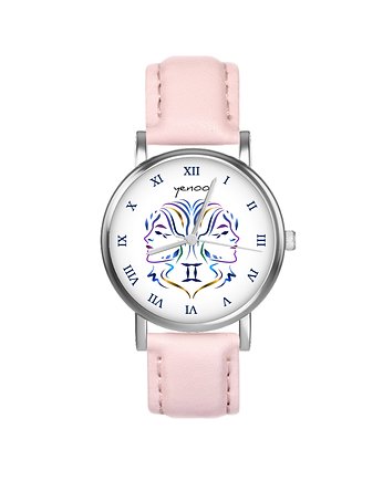 Zegarek mały - Bliźnięta - skórzany, pudrowy róż, yenoo