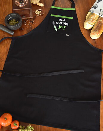 Fartuch Kuchenny CZARNY bawełniany haftowany Dziś gotuję ja! EXTRA PREZENT, Wyszywane