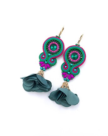 Kolczyki sutasz kolorowe zielone różowe wiosenne Cleo z kwiatkiem, Katrina Rossa