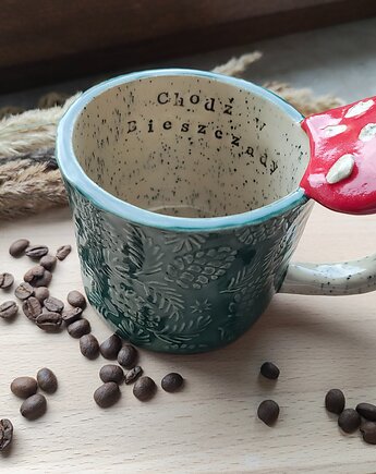 Ceramiczny kubek handmade z napisem " Chodź w Bieszczady" i muchomorem, Agnieszka Szehyńska Ceramika