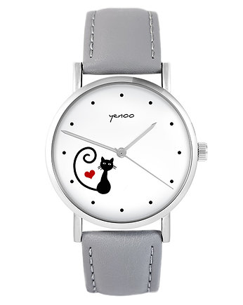 Zegarek - Kotek, serce - szary, skórzany, yenoo