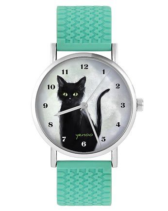 Zegarek - Czarny kot - silikonowy, turkus, OKAZJE - Prezenty na 18 dla chłopaka