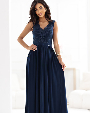 215-6 LEA długa elegancka suknia maxi z koronkową górą i rozcięciem, NUMOCO