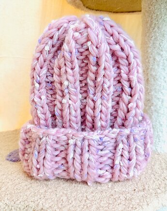 Gruba wełniana czapka konfetti pudrowy róż handmade, GANGSTA KNIT