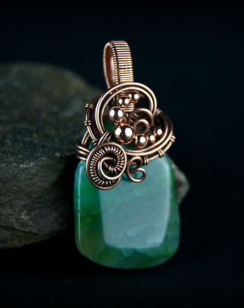Wisiorek wire wrapping z zielonym agatem, Blue Pearl Art