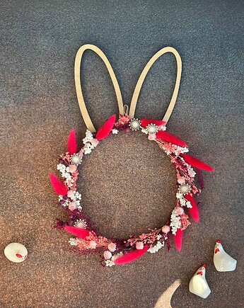 SŁODZIAK Wianek z suszonych roślin, kolorowy wianek wiosenny z uszkami zająca, Rosa