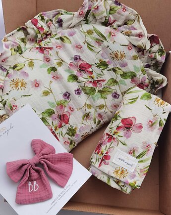 Gotowy zestaw prezentowy -muślinowy kocyk (100x75)+poduszka + kokardka, Little Angels