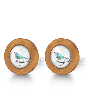 Turkusowy ptak - drewniane spinki do mankietów, yenoo