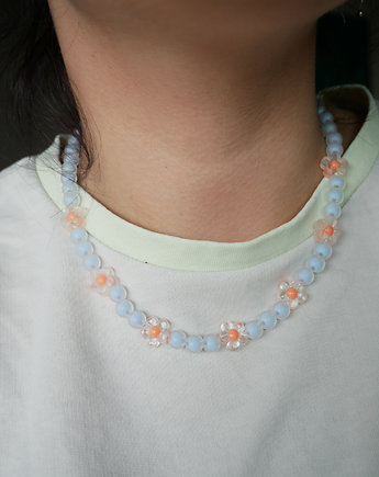 Błękitny naszyjnik choker z koralików KWIATY, Wylewnia Twórczości