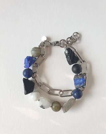 Bransoletka RAW z grubym łańcuchem, lapis lazuli, czarny turmalin, modesign