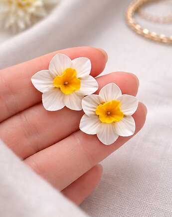 Kolczyki narcysy białe handmade z polimerowej gliny, MariaPolymer