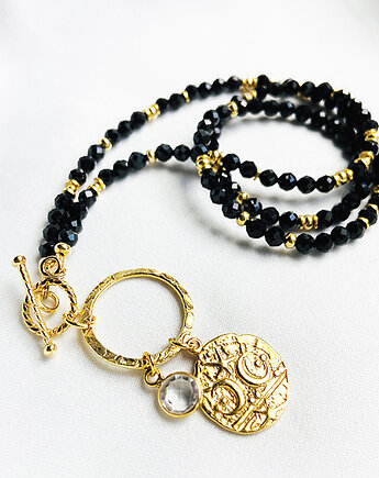 Krótki Naszyjnik  SPINEL, czarno złoty naszyjnik z monetą, Anemon Atelier