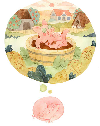Śpiąca świnka - ilustracja oryginalna A3, Czary Malary