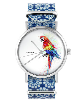 Zegarek - Papuga - niebieski, kwiaty, yenoo