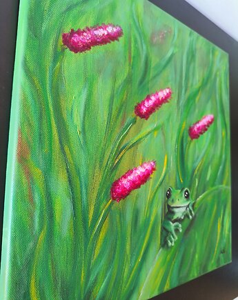 Kwietna Łąka Obraz Olej Żaba Kwiaty 40x40 Natura Zieleń Róż Trawa, kkjustpaint Karolina Kamińska