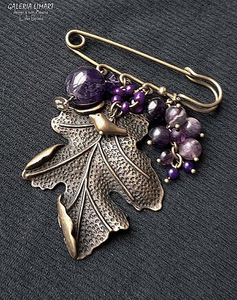 Broszka niezwykła na agrafce w modnym stylu Boho handmade ametystowo-złota, Galeria Limart