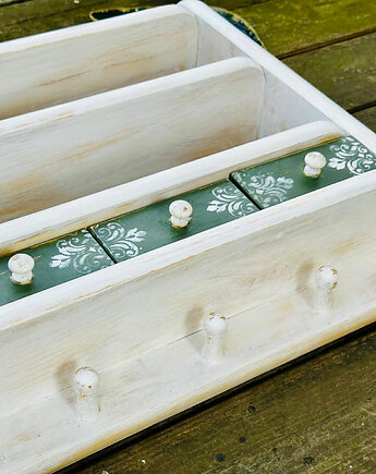 Drewniana półka z szufladkami i wieszakami, sielska, Monique Art