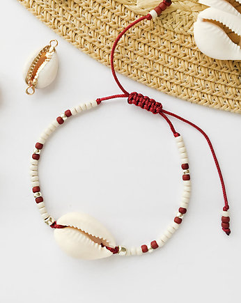 Bransoletka z muszelką Kauri | Beżowo Bordowa, Ilovehandmade