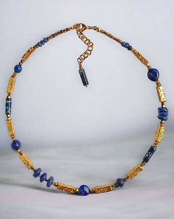 Naszyjnik LAPIS LAZULI i  LAWA :granatowo - złoty, kaktusia